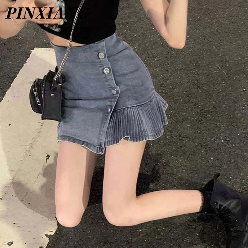 Chân váy jean PINXIANG chữ A lưng cao thời trang cho nữ
