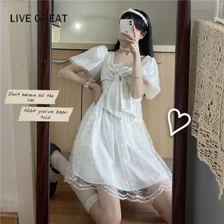 LIVE GREAT  Đầm Tay Ngắn Cổ Vuông Ôm Eo Phối Lưới Đính Nơ Phong Cách Pháp Ngọt Ngào Thời Trang Cho Nữ