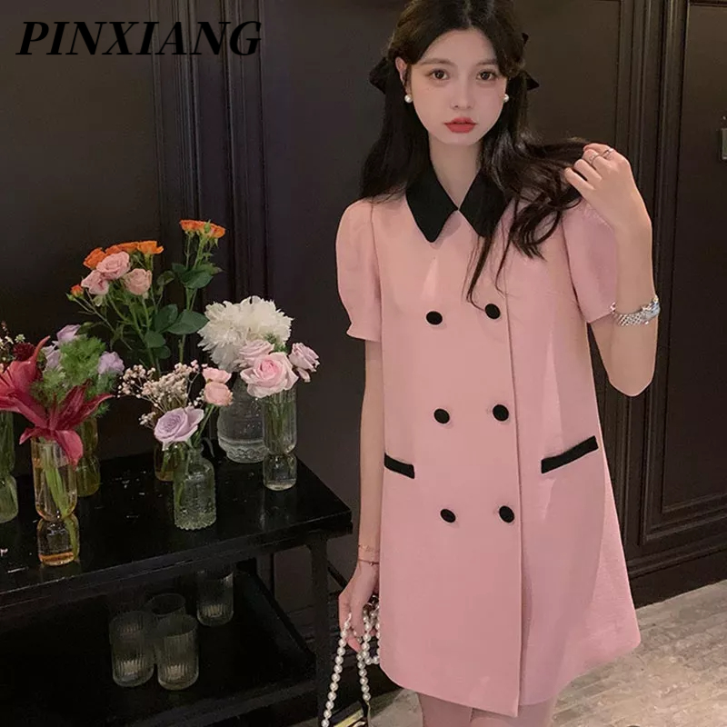 PINXIANG Đầm Ngắn Tay Cổ Búp Bê Phong Cách Hàn Quốc plus size