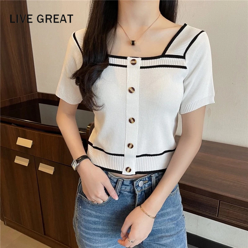 LIVE GREAT Áo Thun Ngắn Tay Cổ Vuông Ôm Dáng Phong Cách Hàn Quốc Cho Nữ