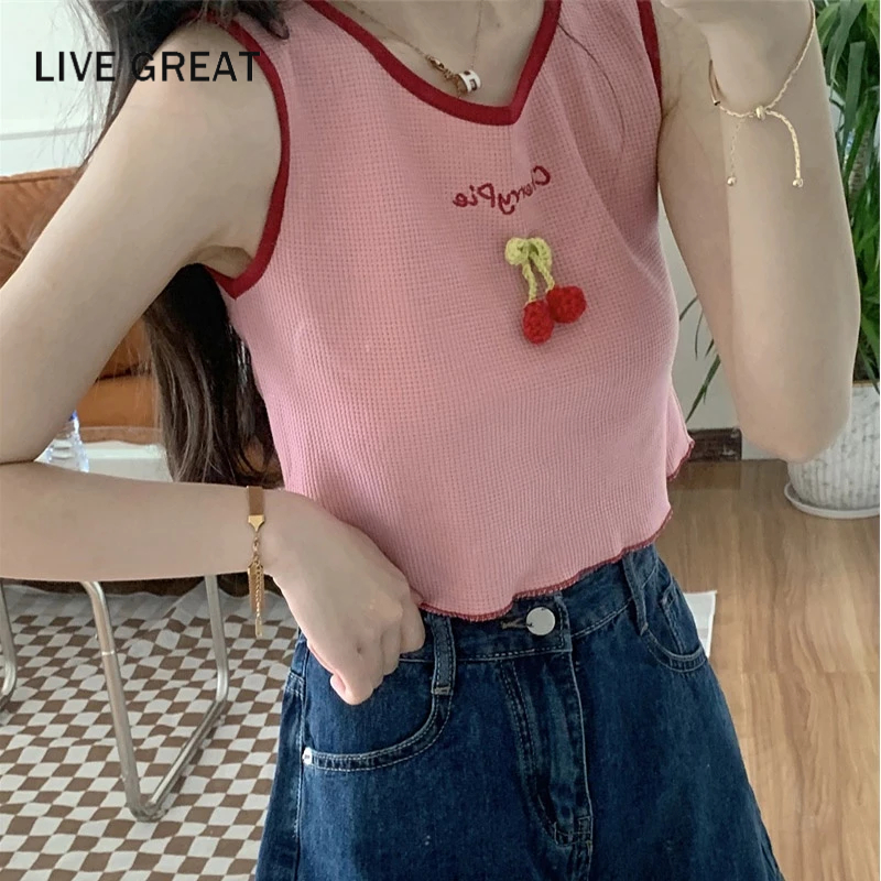 LIVE GREAT Áo Hai Dây Dáng Ngắn Màu Tương Phản Họa Tiết cherry Dễ Thương Cho Bạn Gái