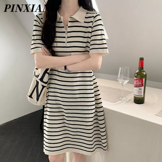 PINXIANG Đầm Dệt Kim Cổ Polo Tay Ngắn Họa Tiết Kẻ Sọc Thời Trang Mới Cho Nữ