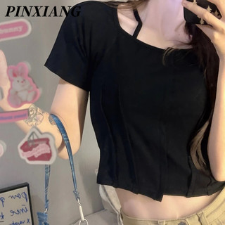 PINXIANG Áo Thun cotton Ngắn Tay Màu Trơn Thời Trang Cho Nữ