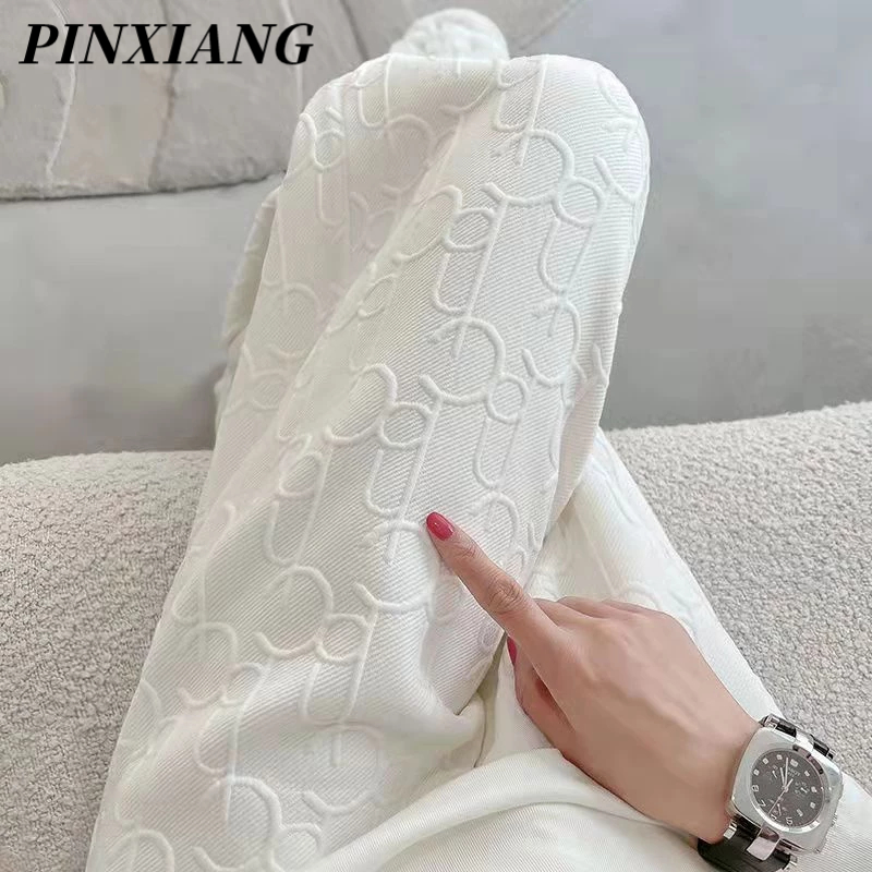 PINXIANG Quần ống rộng Lưng Cao In Chữ jacquard Cỡ Lớn Thời Trang Thường Phục Cho Nữ