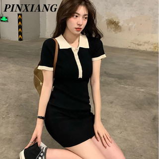 PINXIANG  Đầm Dệt Kim Ngắn Tay Cổ polo Màu Trơn Phong Cách Trẻ Trung Quyến Rũ Dành Cho Nữ