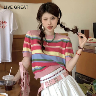 LIVE GREAT Áo Thun Tay Ngắn Cổ Tròn Màu Sắc Kẹo Ngọt Xinh Xắn