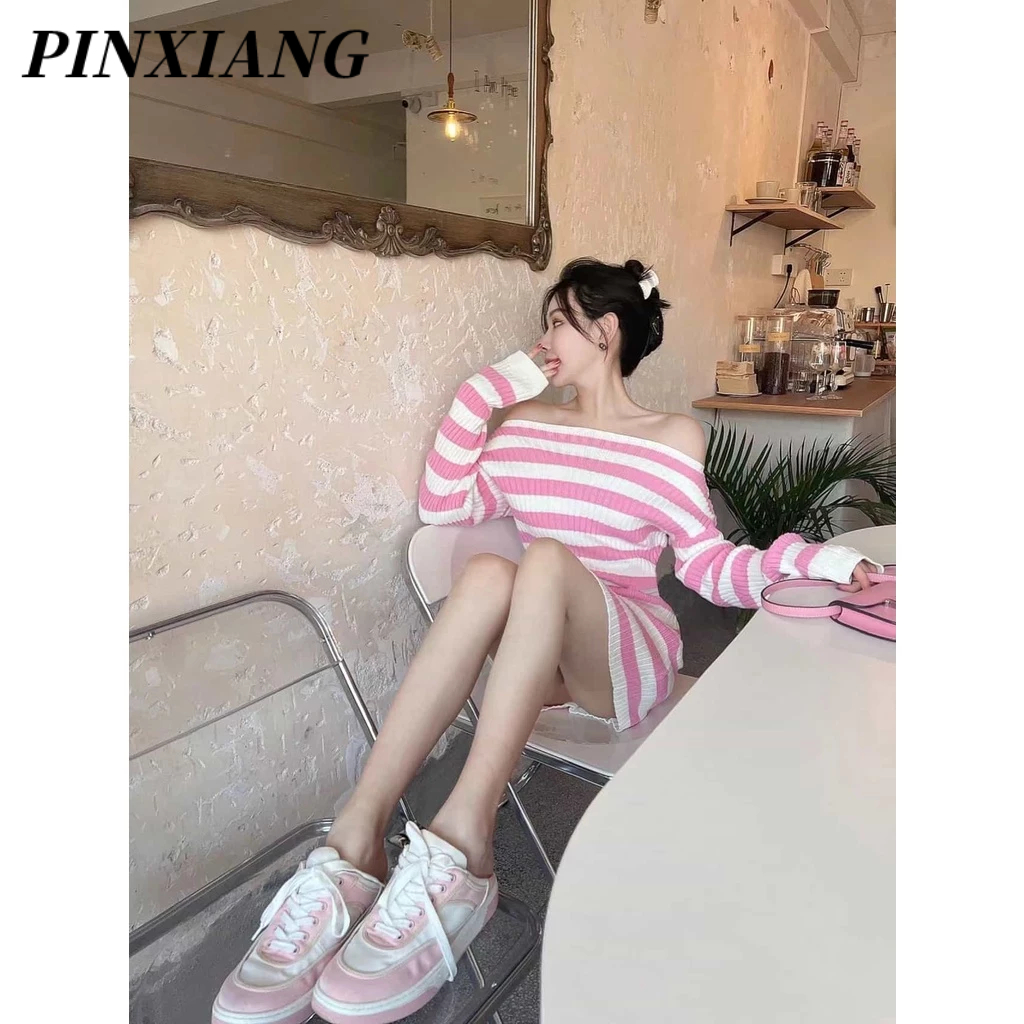 PINXAING Set Áo + Chân Váy Họa Tiết Sọc Màu Hồng Dễ Thương Dành Cho Nữ