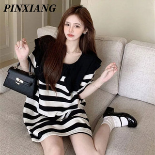 PINXIANG Đầm Ngắn Tay Cổ Búp Bê Họa Tiết Kẻ Sọc Màu Sắc Tương Phản Thời Trang Mùa Hè Hàn Quốc 2022