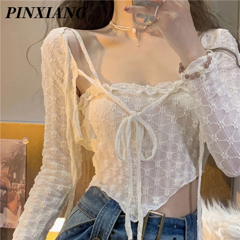 PINXIANG Áo Voan Hai Dây Thắt Nơ Phong Cách Hàn Quốc Ngọt Ngào Mới Cho Nữ