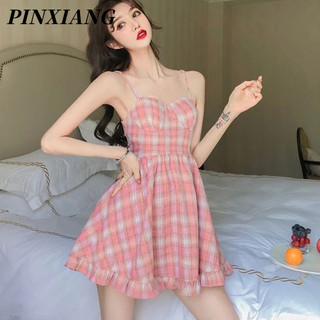 PINXIANG  Đầm Hai Dây Hở Lưng Họa Tiết Sọc Caro Màu Hồng Thời Trang Cho Nữ