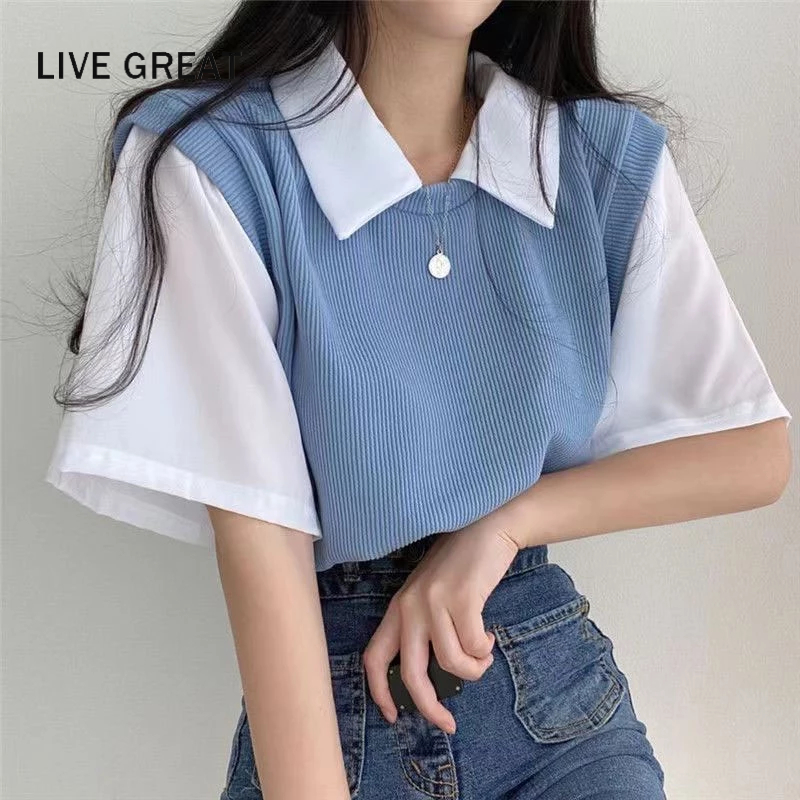 LIVE GREAT Áo polo Ngắn Tay Giả Hai Lớp Màu Sắc Tương Phản Thời Trang Cho Nữ