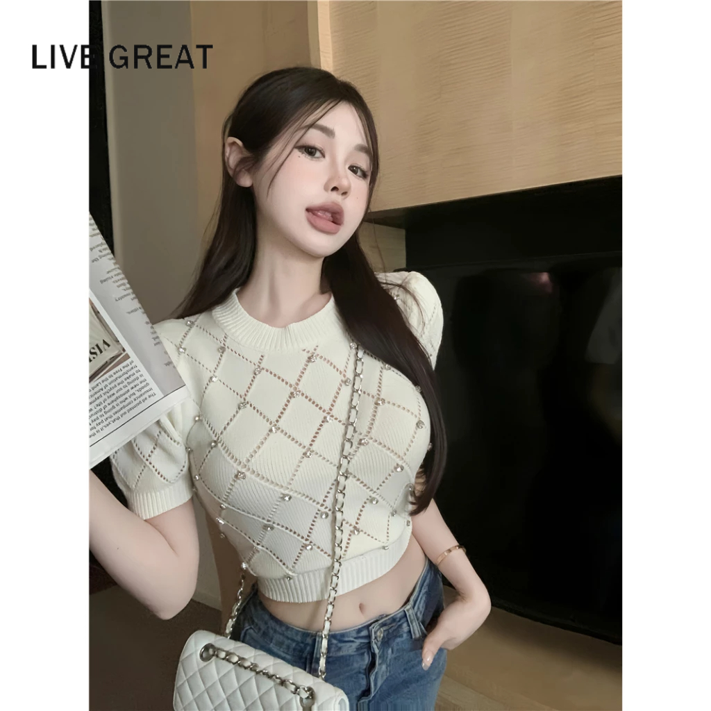 LIVE GREAT Áo Len Tay Phồng Ngắn Phong Cách Hàn Quốc Thời Trang Mới Cho Nữ