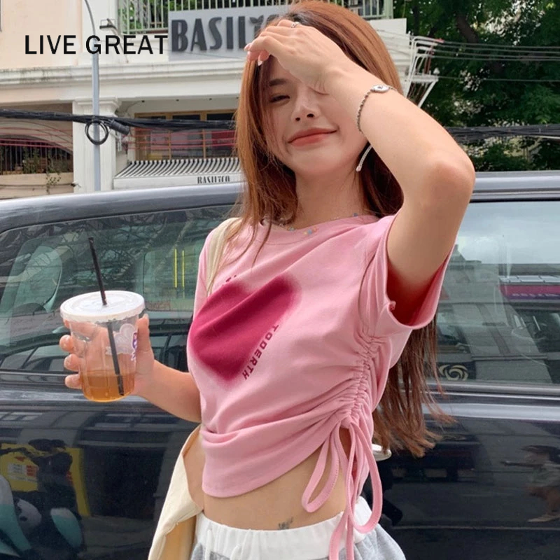 LIVE GREAT Áo Thun Ngắn Tay Kiểu Dây Rút Họa Tiết Trái Tim Phong Cách Thời Trang Mới Cho Nữ