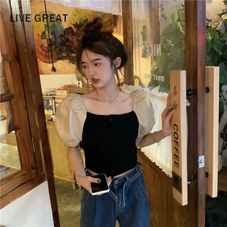 LIVE GREAT  Áo Thun Ngắn Tay Cổ Vuông Màu Trơn Đơn Giản Phong Cách Hàn Quốc Cho Nữ