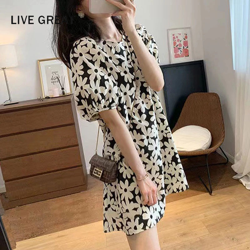 LIVE GREAT Đầm Dáng Chữ A Tay Phồng Dáng Rộng In Họa Tiết Xinh Xắn Thời Trang Mùa Hè Cho Bạn Gái