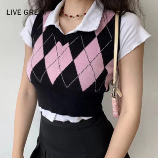 LIVE GREAT Áo Dệt Kim Sát Nách Cổ Chữ V Màu Sắc Tương Phản Phong Cách retro Cho Nữ