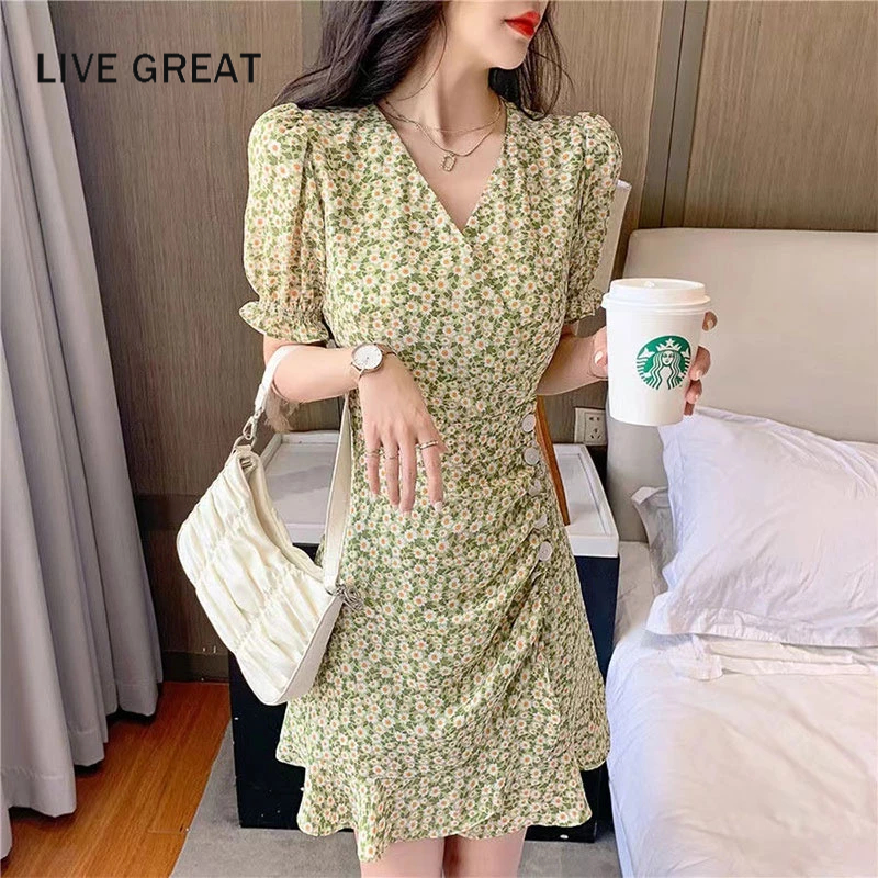 LIVE GREAT Đầm Ngắn Tay Phồng Cổ Chữ V Lưng Cao Họa Tiết Hoa Phong Cách Pháp