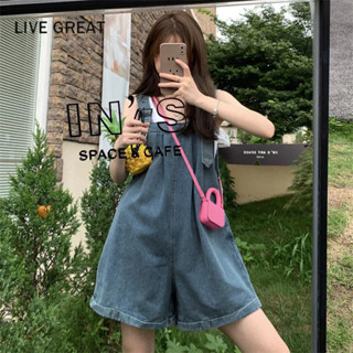 LIVE GREAT Quần Yếm Denim Ngắn Ống Rộng Phong Cách Hàn Quốc Dễ Thương Dành Cho Nữ