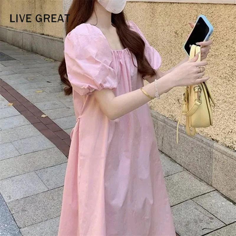 LIVE GREAT Đầm Dài Đến Giữa Bắp Chân Cổ Vuông Màu Trơn In Họa Tiết Hoa Phong Cách Pháp Cổ Điển Dành Cho Nữ