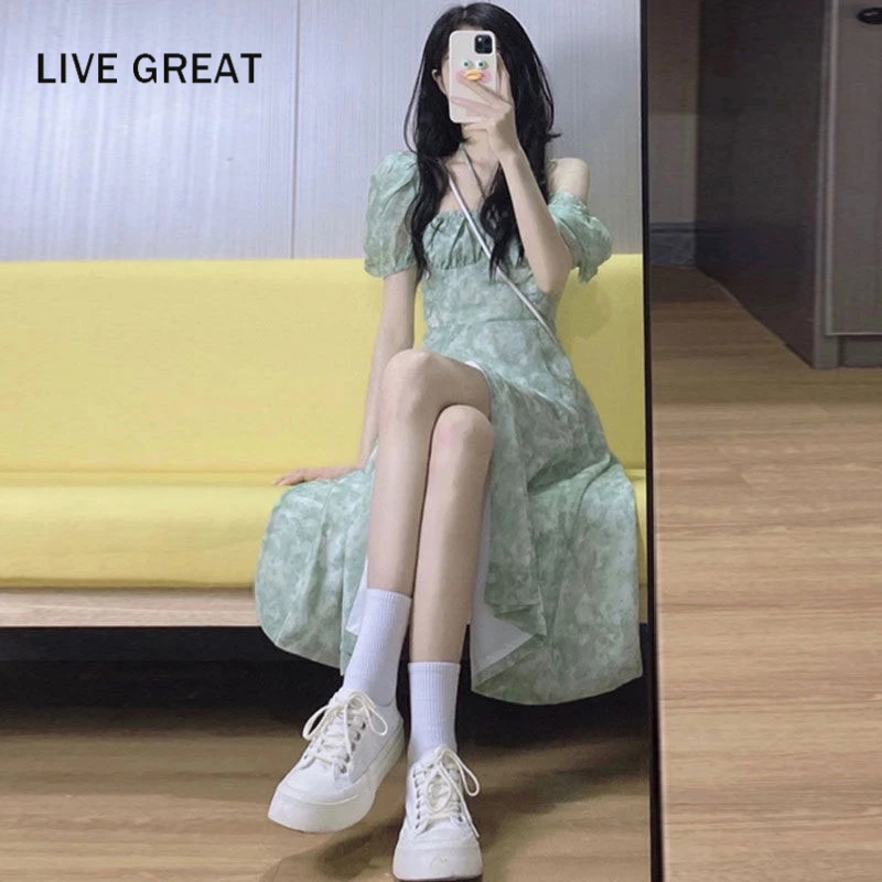 LIVE GREAT Đầm Tay Phồng Cổ Vuông In Họa Tiết Thời Trang Hàn Quốc Cho Nữ
