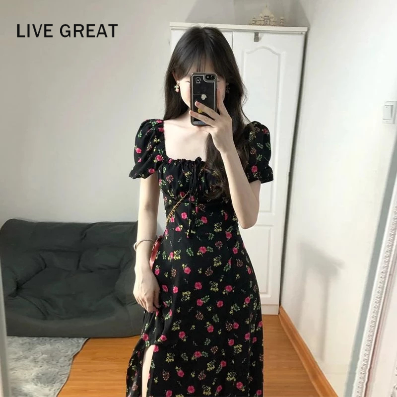 Đầm LIVE GREAT tay ngắn cổ vuông họa tiết hoa thời trang phong cách Pháp cho nữ