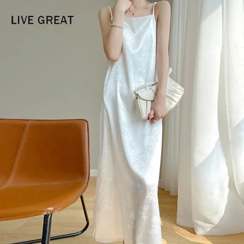 LIVE GREAT Yeya Đầm Lửng Hai Dây Không Tay Một Hàng Nút Thời Trang Mùa Hè Đơn Giản