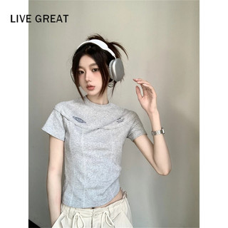 LIVE GREAT Áo Thun Tay Ngắn Hở Vai Màu Xám In Họa Tiết Phong Cách retro Mỹ Cho Nữ