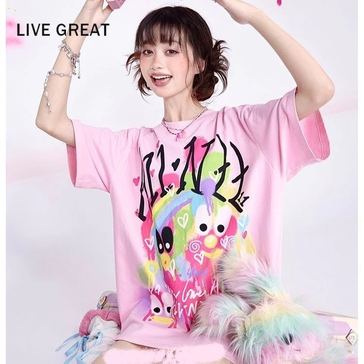 LIVE GREAT Áo Thun Tay Ngắn Cổ Tròn In Họa Tiết Dễ Thương Thời Trang Mùa Hè Cho Nữ