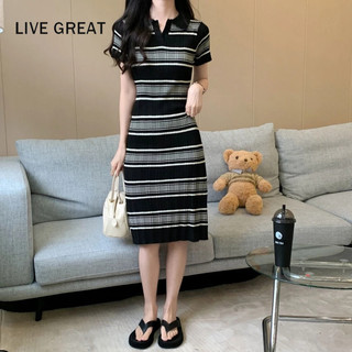 LIVE GREAT Đầm Dài Qua Gối Cổ Polo Họa Tiết Kẻ Sọc Phong Cách Hàn Quốc Thời Trang Cho Nữ