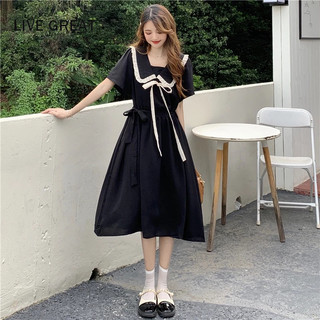 LIVE GREAT  Đầm Dài Tay Ngắn Cổ Búp Bê Phối Thắt Lưng Thời Trang Cho Nữ