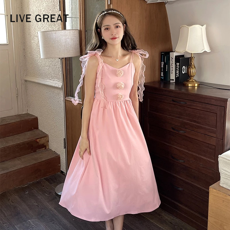 LIVE GREAT Đầm Dây Ruy Băng Ba Chiều Dáng Ôm Họa Tiết Hoa Ba Chiều Giảm Tuổi