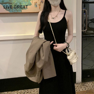 Đầm hai dây LIVE GREAT cổ tròn màu trơn gợi cảm thời trang mùa hè cho nữ