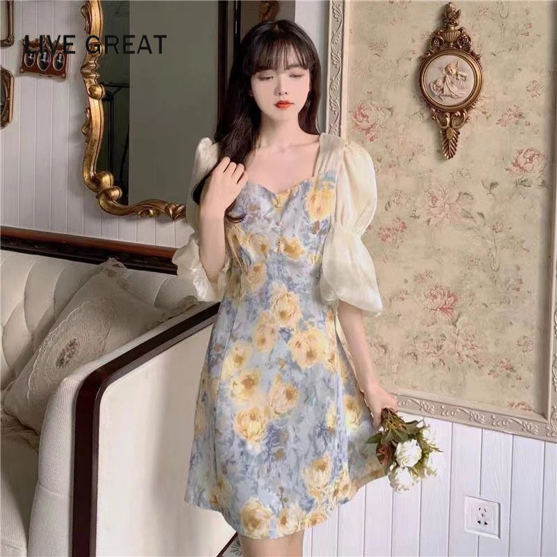 LIVE GREAT Đầm Dài Đến Giữa Eo Tay Ngắn In Họa Tiết Hoa Ngọt Ngào Thời Trang Cho Nữ