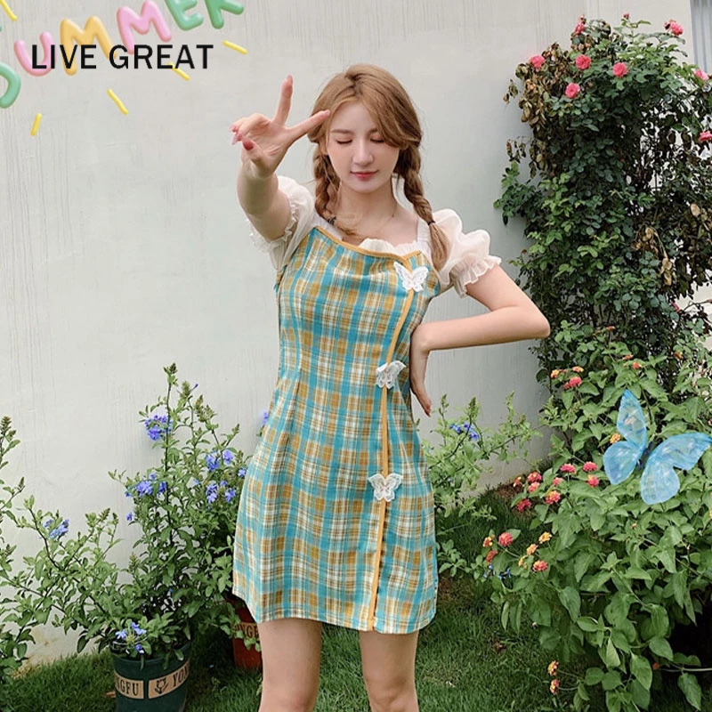 LIVE GREAT Đầm Sườn Xám Tay Phồng Ôm Dáng Họa Tiết Bướm Xinh Xắn Dành Cho Nữ