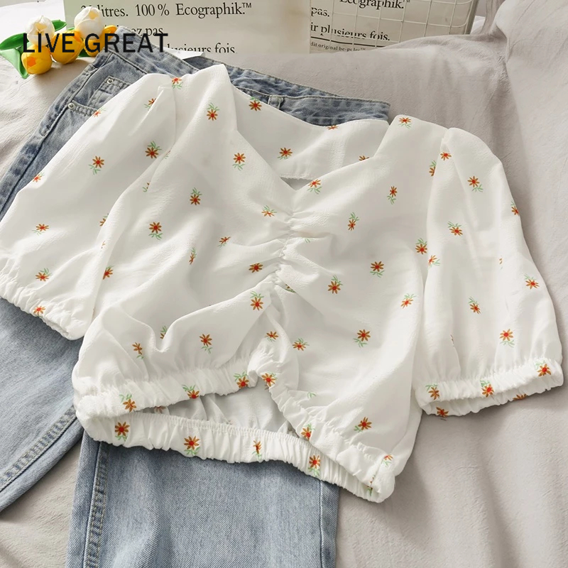 LIVE GREAT Áo Thun Lửng Tay Phồng Cổ Chữ V Thời Trang Mùa Hè Cho Nữ