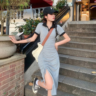 LIVE GREAT  Đầm Midi Dáng Chữ a Cổ Bẻ Xẻ Tà Thời Trang Mùa Hè Phong Cách Pháp Cho Nữ