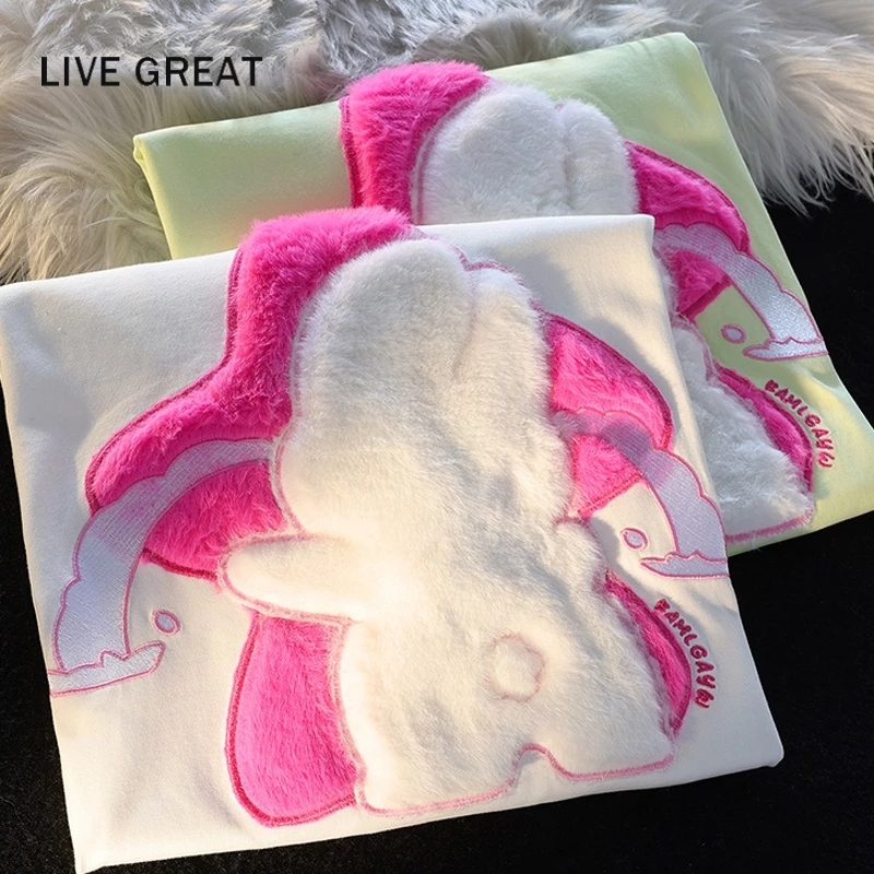LIVE GREAT Áo Thun Tay Ngắn In Hình Thỏ Hoạt Hình Phong Cách Hàn Quốc Dành Cho Nữ
