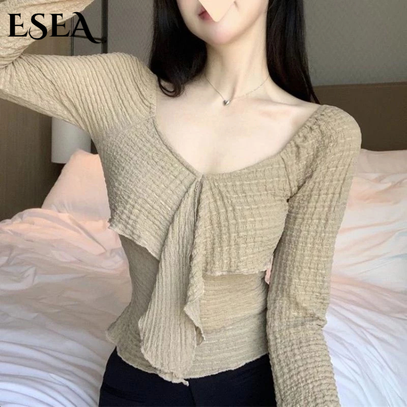 ESEA Áo sweater Tay Dài Một Bên Vai Ôm Dáng Cổ Chữ V Màu Trơn Sang Trọng Nóng Bỏng Cho Nữ