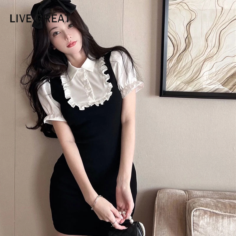 LIVE GREAT Đầm Sơ Mi Ngắn Tay Ghép Nối Eo Mới Mùa Hè Cho Nữ