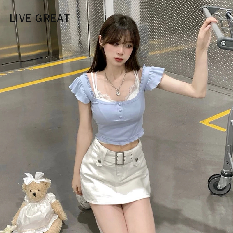 LIVE GREAT Áo Thun Sát Nách Màu Xanh Dương Thiết Kế Cỡ Nhỏ Thời Trang Cá Tính Cho Nữ