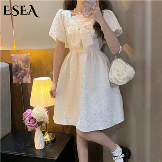 Đầm Công Chúa Cổ Vuông Thắt Nơ Màu Trắng Phong Cách Pháp Thời Trang Mùa Hè Xinh Xắn Cho Nữ