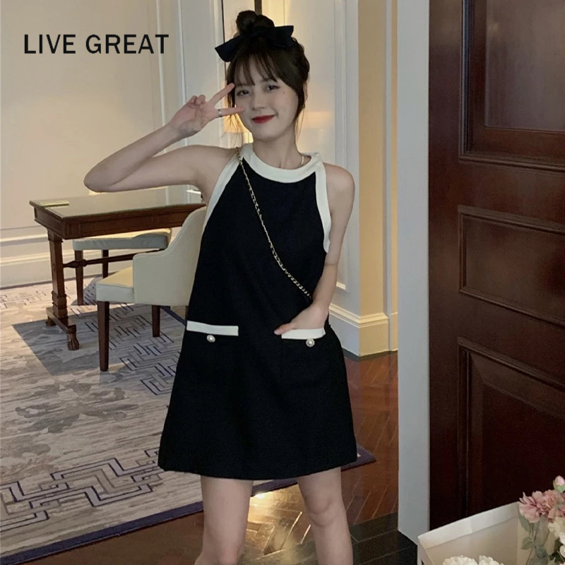 LIVE GREAT Đầm Dáng Chữ A Không Tay Hở Lưng Thiết Kế Đơn Giản Thời Trang