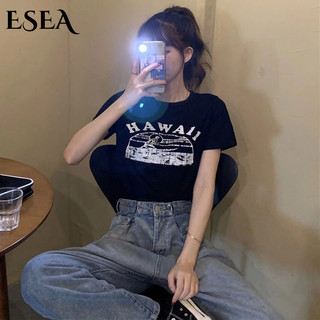 ESEA  Áo Thun Ngắn Tay Cổ Tròn Dáng Rộng In Họa Tiết Kiểu Retro Mỹ Thời Trang Cho Nữ