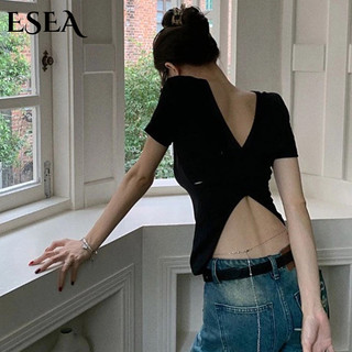 ESEA Áo Thun Tay Ngắn Dáng Ôm Hở Lưng Đan Dây Chéo Màu Đen Thời Trang Mùa Hè Cho Nữ