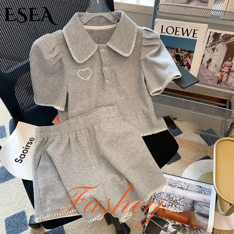 Set Đồ Thể Thao Ngắn Tay Cổ Búp Bê Màu Xám Thời Trang Mùa Hè Mới Cho Nữ