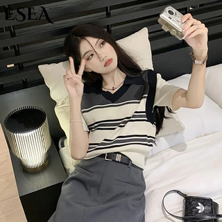 Faashey Áo polo Ngắn Tay Giả Hai Lớp Họa Tiết Kẻ Sọc Phong Cách Hàn Quốc plus size Cho Nữ