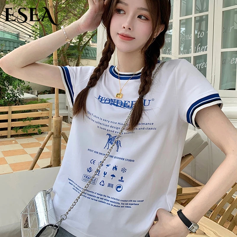 ESEA Áo Thun Tay Ngắn Cổ Tròn In Chữ Màu Sắc Tương Phản Phong Cách Hàn Quốc Thời Trang Mùa Hè Cho Nữ