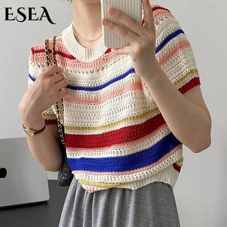 Fashey Áo Thun Tay Ngắn Cổ Tròn Họa Tiết Kẻ Sọc Màu Cầu Vồng Phong Cách Hàn Quốc Thời Trang Mùa Hè 2023 Cho Nữ
