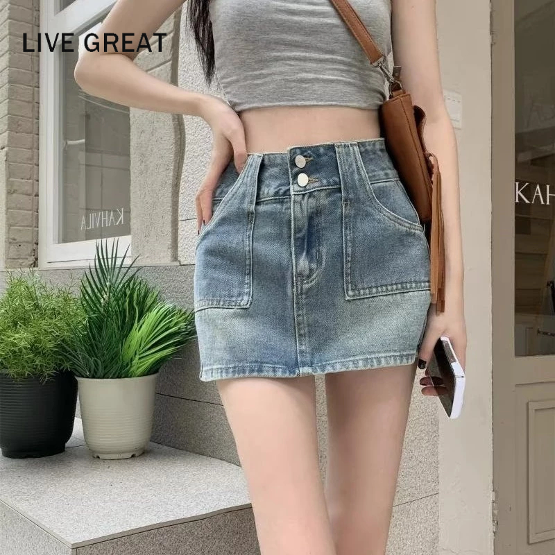 LIVE GREAT  Chân váy jean Chữ A Lưng Cao Phong Cách Hong Kong Cho Nữ