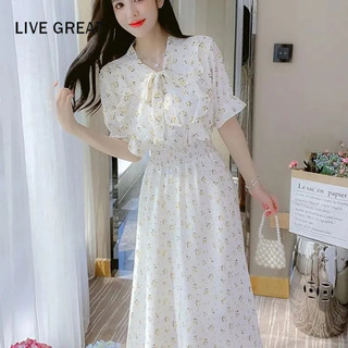 LIVE GREAT  Đầm Hoa Ngắn Tay Phối Bèo Nhấn Eo Phong Cách Pháp Thanh Lịch Cho Nữ